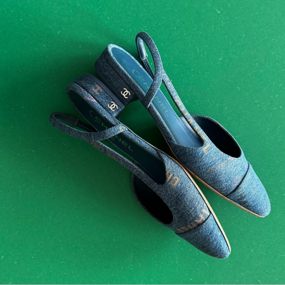 Chanel Denim light blue Shoes 22S Slingback Flat with Colorful Logos 37.5- 7.5 - Picture 5 of 8